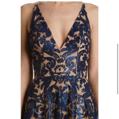 Dress The Population Navy Blue Nude Blair Embellished Fit & Flare Medium  $288