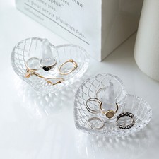 Vintage Heart Design Clear Glass Ring Dish Jewelry Display Holder Tray, Set of 2