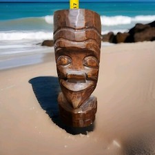 Vintage Hawaiian or Moai Tiki Mask Wooden Hand Carved Hang Or Stand On Bar