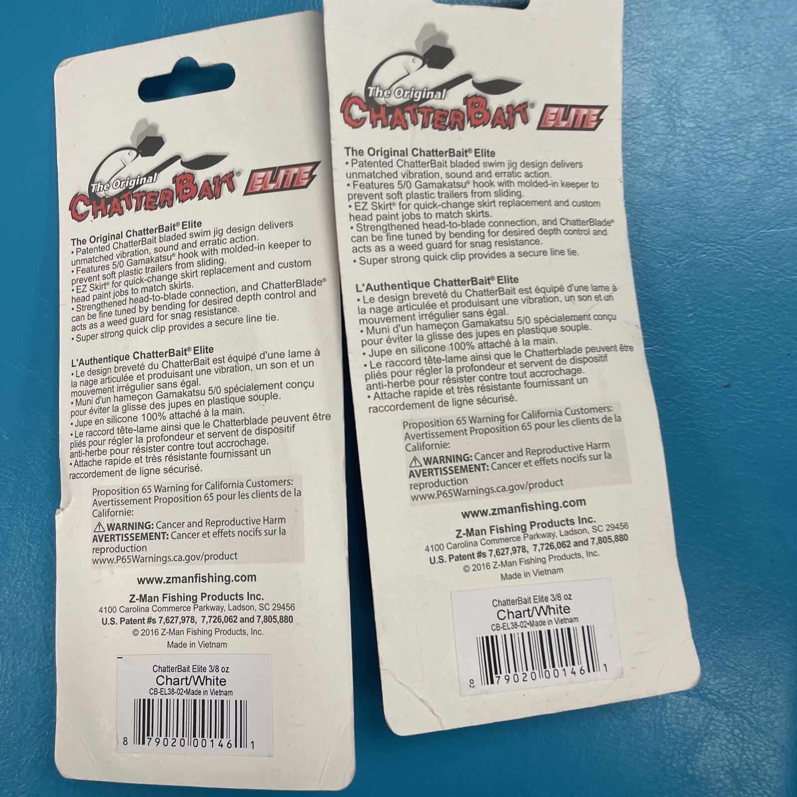 Los 2 Packs Of Zman Chatterbait Elite 3/8 oz Sinking Lure Chart White - Image 2