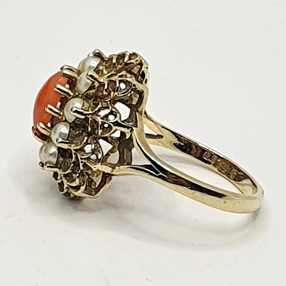Anillo grande 375 9K con racimo de coral de perlas de oro amarillo de 9 quilates talla N sello completo Foto 3 de 4