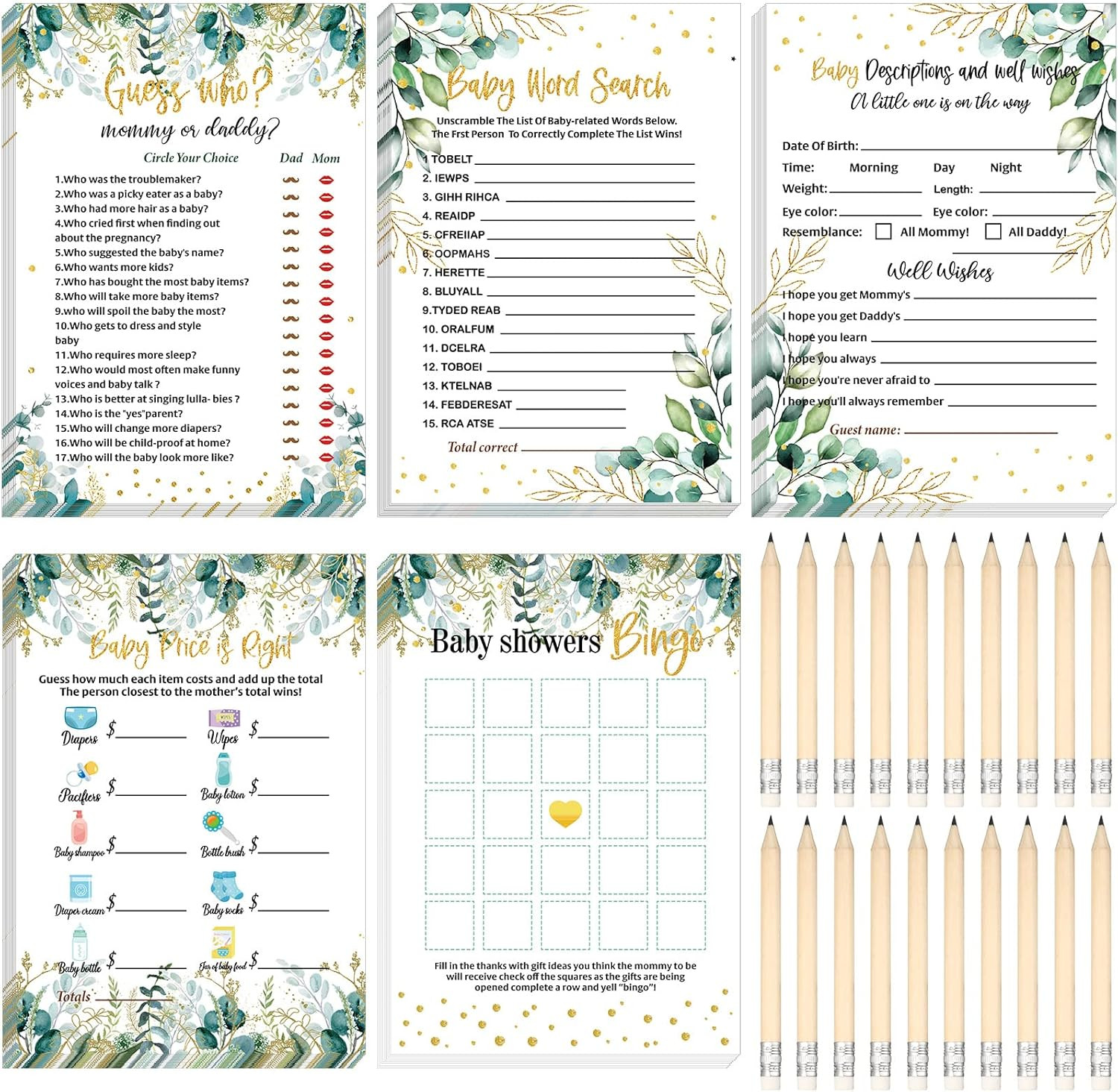 145 Pieces Baby Shower Games for Boy or Girl Game Activities Cards with 20 Penci
