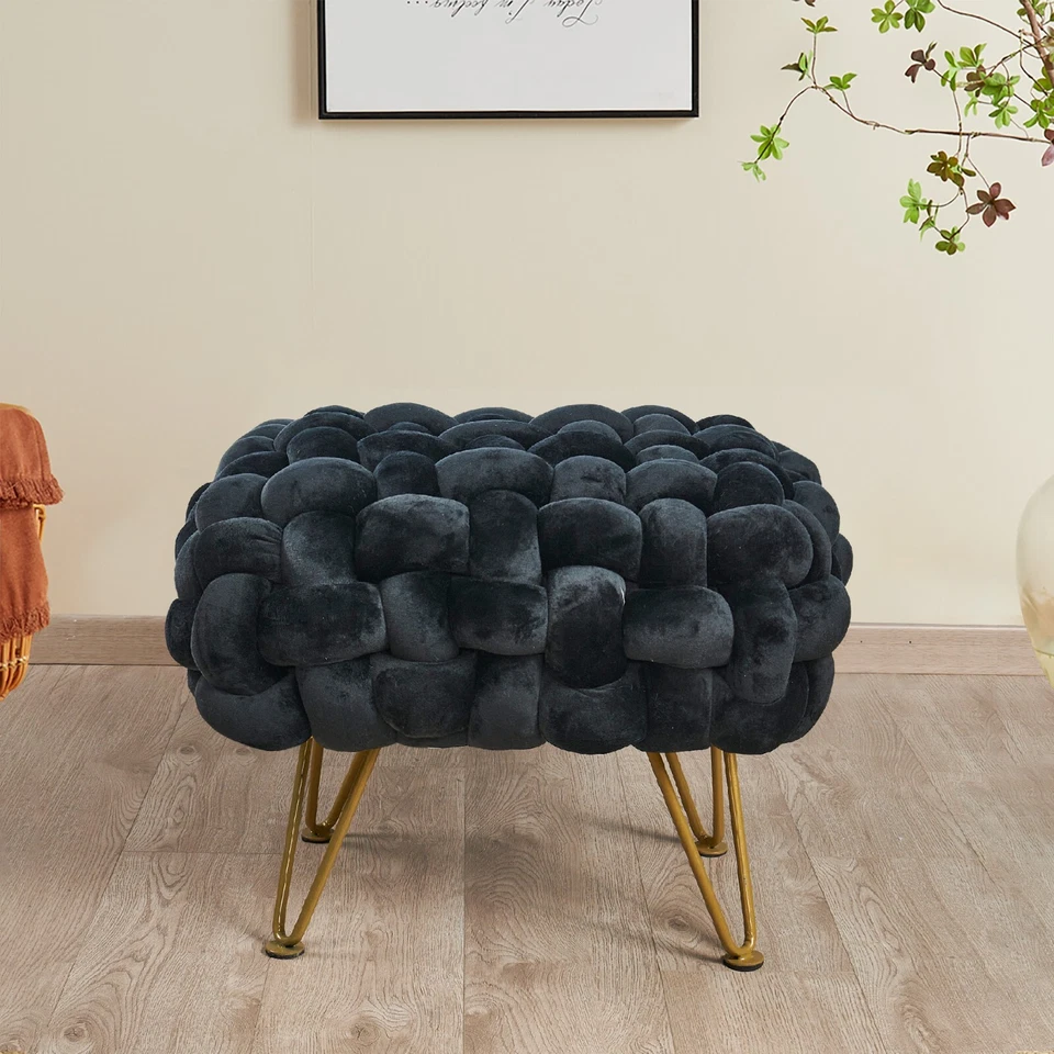 手工编织天鹅绒奥斯曼脚凳现代布夫座椅带金属腿柔软毛绒 — 第 3/4 张图片