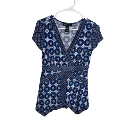 INC Blouse Women's Petite Medium Blue Y2k Short Sleeve V-Neck