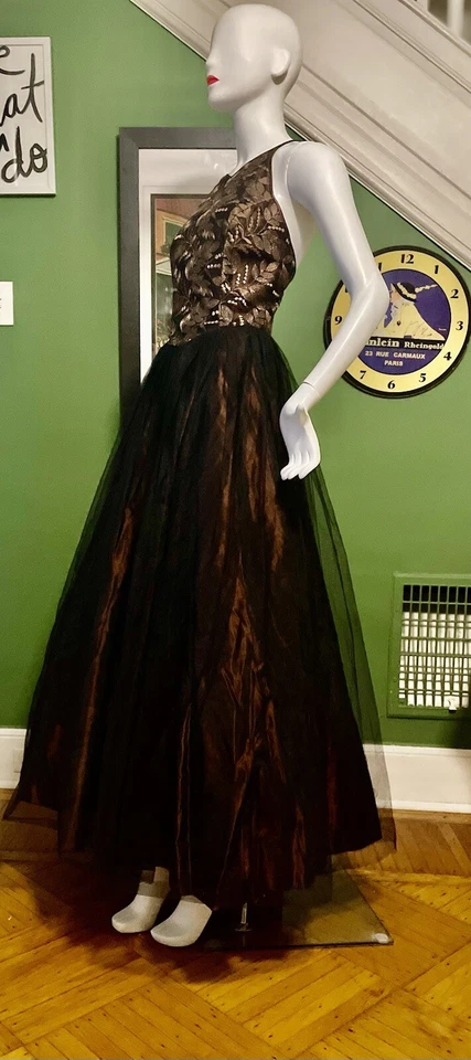 Vintage Cache Y2K Bronce Brocado Halter con Tul Falda Vestido Alfombra Roja Vestido S 36 Foto 2 de 4