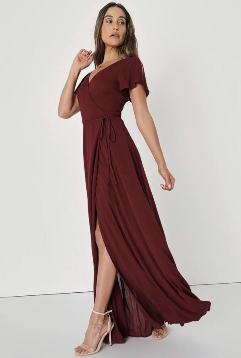 LuLus Wrap Maxi Dress M Long Wine Gauzy Flutter Sleeve Boho Cruise
