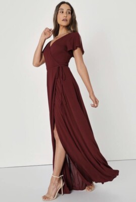 LuLus Wrap Maxi Dress M Long Wine Gauzy Flutter Sleeve Boho Cruise - Main Image