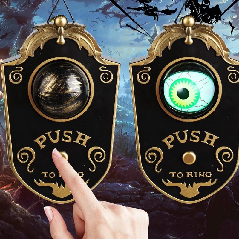 Sonnette d'Halloween borgne interactive en résine verte avec œil lumineux mobile