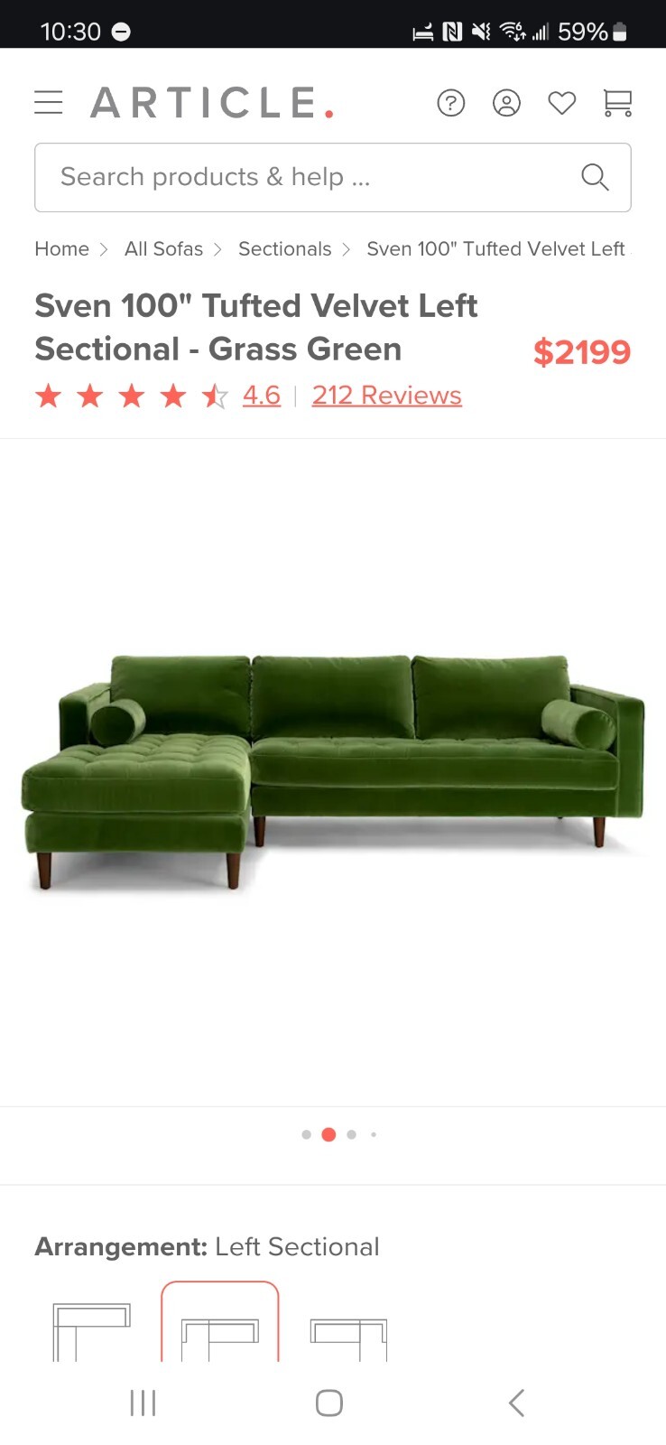 Used Article Sven Tufted Velvet Chaise LeftFacing Sectional eBay