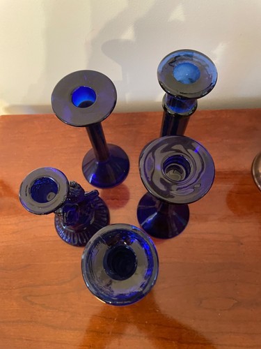 Vintage set of (5) Cobalt Blue Glass Candlesticks Holders - Picture 20 of 21