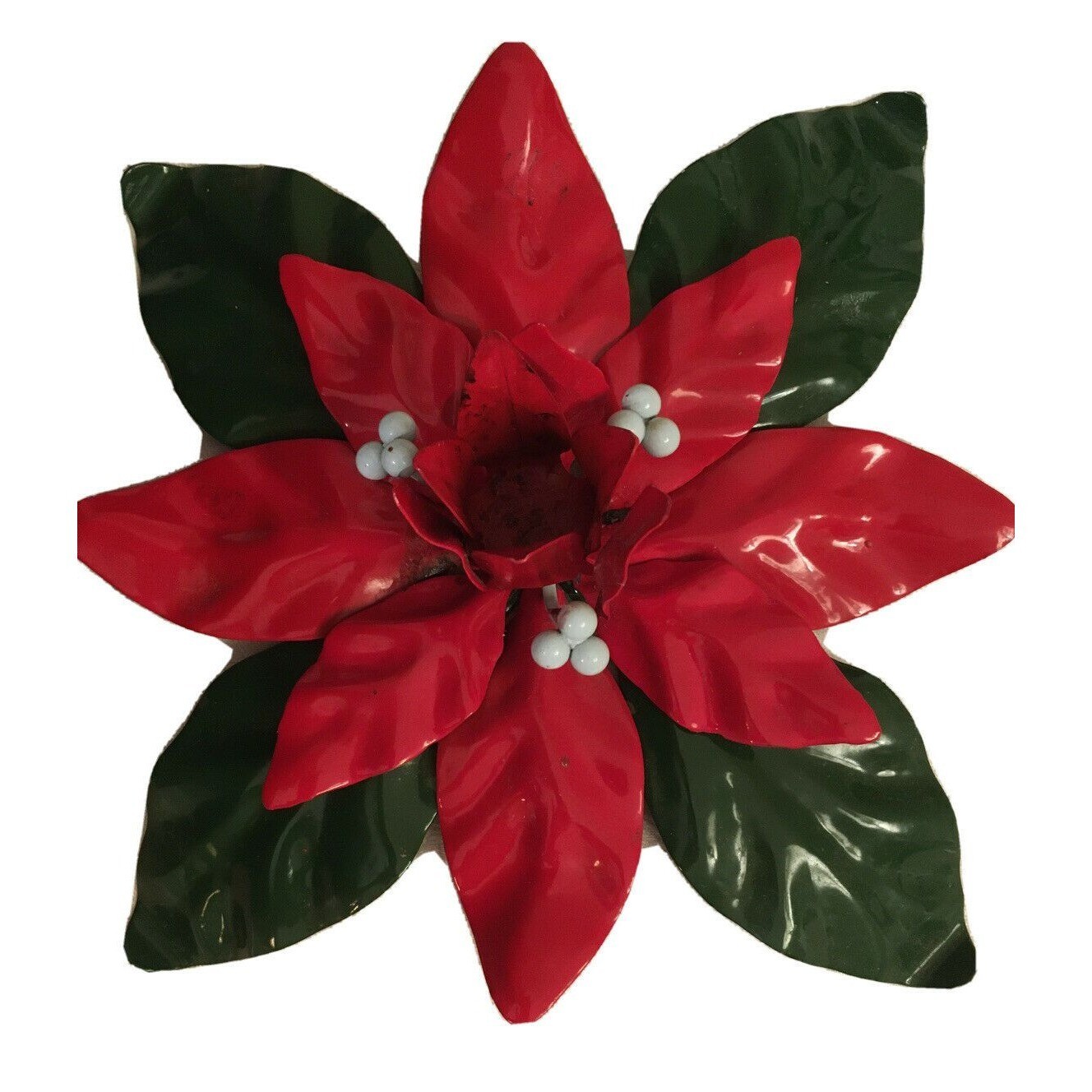 Vintage DEPT 56 Poinsettia Taper Candle Holder Red & Green  Enamel White Berries