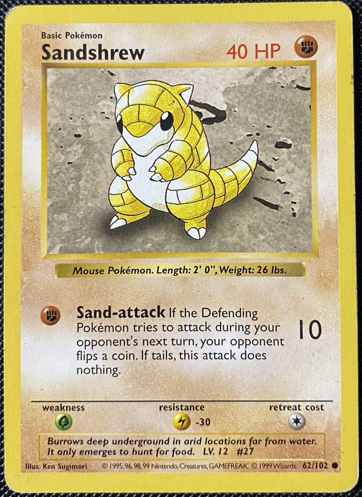 Sandshrew 062/102 Base Set (Shadowless) Regular Unlimited WOTC HP Pokémon