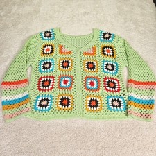 VTG Style Granny Square Crochet Cardigan Mint Green Boho Cottagecore Sweater XL