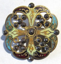 Antique Steel Cut Pierced Metal Marcasite Enamel Decorative Button 1-1/4" Sq (B)