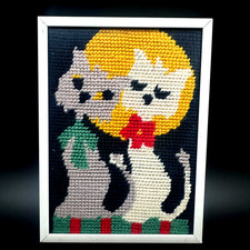 Vintage Completed Needlepoint Framed Two Cats Kitsch Retro 60s 70s Folk Art MCM
