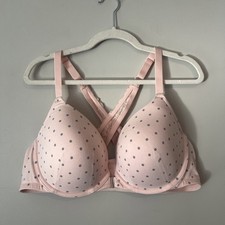Cacique Boost Plunge Bra 44D Pink Grey Polka Dot Front Closure Racerback
