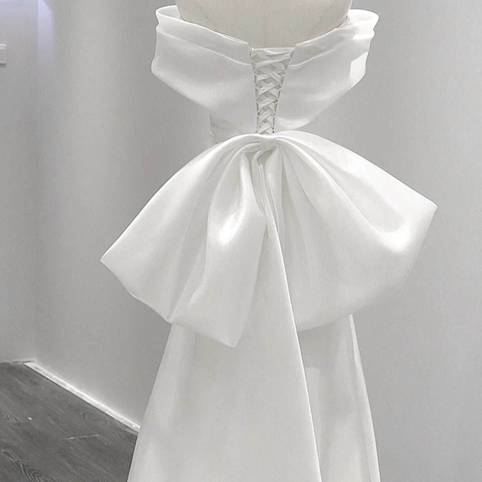 White Wedding Dress V-neck Bow Swing Bride Wedding Mermaid Dress Vintage Organza - Image 2 of 4