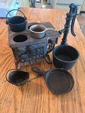 Vintage QUEEN Stove Miniature Cast Iron Toy Dollhouse Mix Accessory Pots Skillet