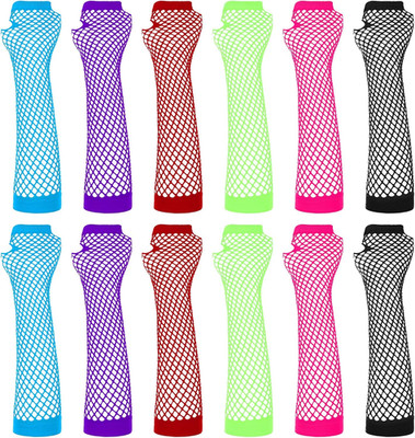 6 Pairs Neon Fishnet Gloves Long Fingerless Fishnet Arm Sleeves for Cosplay 80S