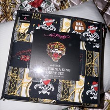 Ed Hardy Black 6 pc Cal King Sheet Set Hearts, Skulls, Roses, w/4 Pillowcases