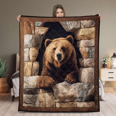 Bear Quilt Blanket Rustic Wildlife Cabin Throw Brown Bear Bedding Cozy Gift