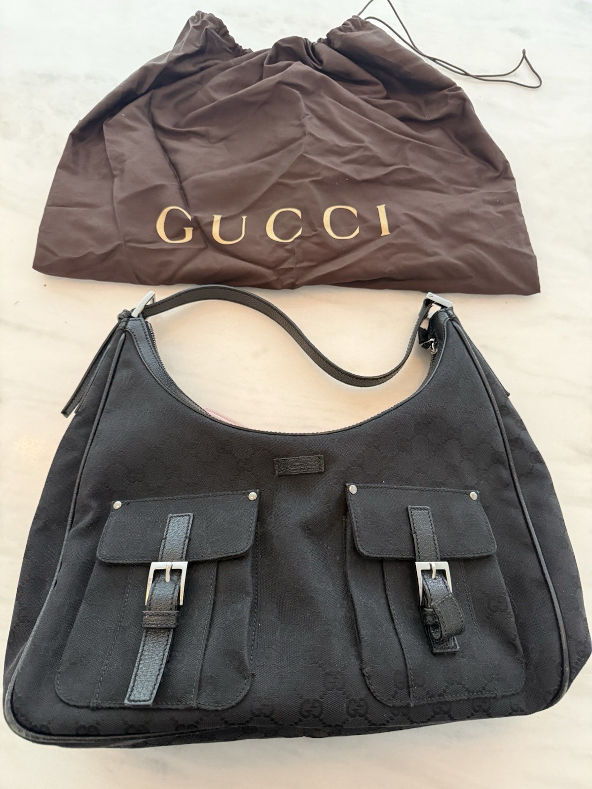 Gucci GG Borsa a tracolla nera tela fibbia tasca hobo vintage Y2K Pocketbook Lrg