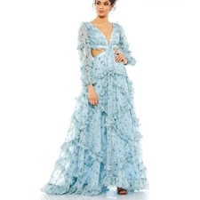 Mac Duggal 70249 Blue Floral Ruffle Cutout Chiffon Maxi Gown 0 Regency fairy NWT