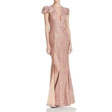 NEW Dress The Population Mia Cap Sleeve Plunging Mesh Lace Side Slit Gown S