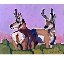 Original Western Painting Wildlife Deer Antelope Signed Liam Pronghorn Elk