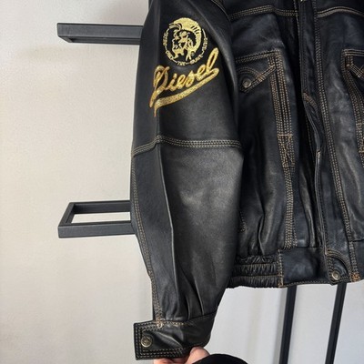 Diesel Leather Jacket Black Y2K Hooded Stitch Logo Biker Vintage