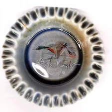 Vintage Ceramic Ashtray Mallard Ducks Decal Green Glaze 4.75" Made in Ireland