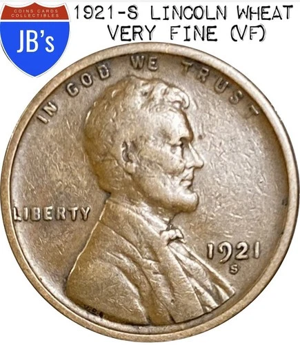 1921-S Lincoln Wheat Cent Penny 1c - VERY FINE (VF)