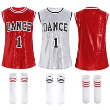 UK Girls Hip Hop Dance Costume Kids Jersey Sequin Long Tank Top with Socks Set
