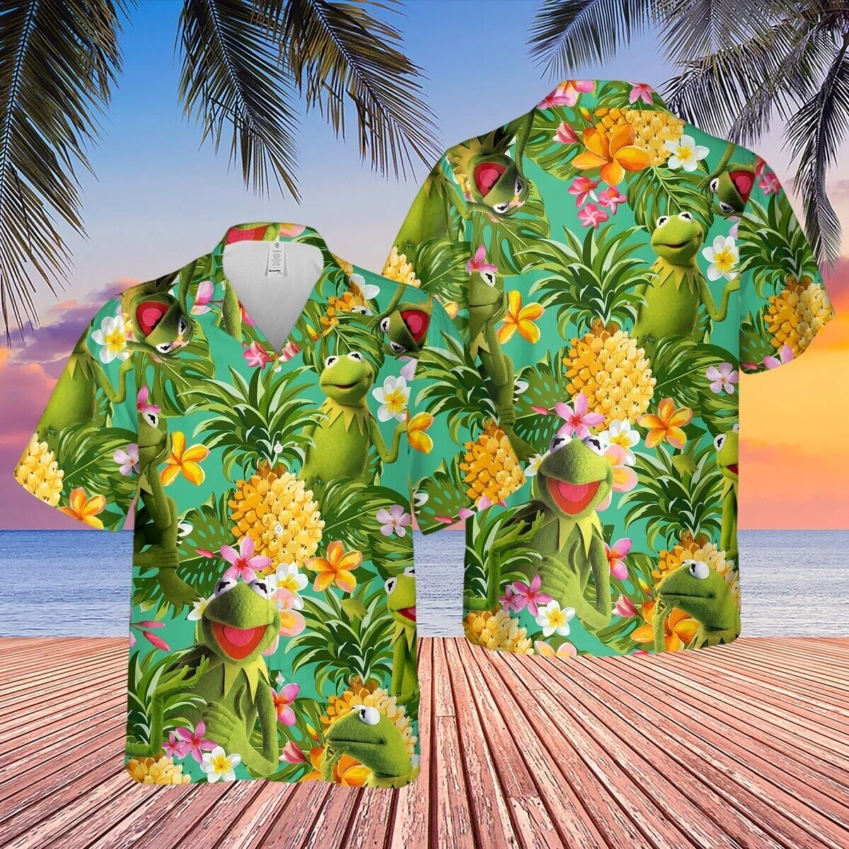 Stuffed Muppet Mayhem Green Frog Tropical Pineapple Hawaiian Shirt