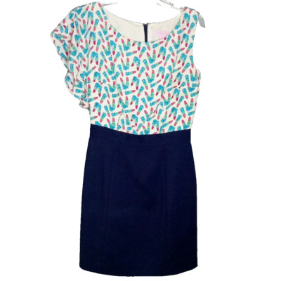 Lilly Pulitzer Delila Pencil Dress Sz 2 Silk Lipstick Print Navy Preppy Brunch