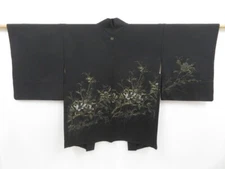 3913T02z540 Vintage Japanese Kimono Silk HAORI Flower Black