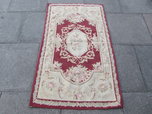 Vintage Hand Made French Design Wool Red Cream Original Small Aubusson 156X90cm - Picture 1 of 12