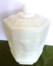 VINTAGE Fire-King Anchor Hocking Milk Glass Footed Grape Vine Candy Jar & Lid
