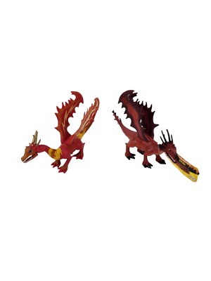 SDE Shantou 9'' Red & Gold Winged Chomping Dragon Lot Fantasy Toy Figure Lot of 2