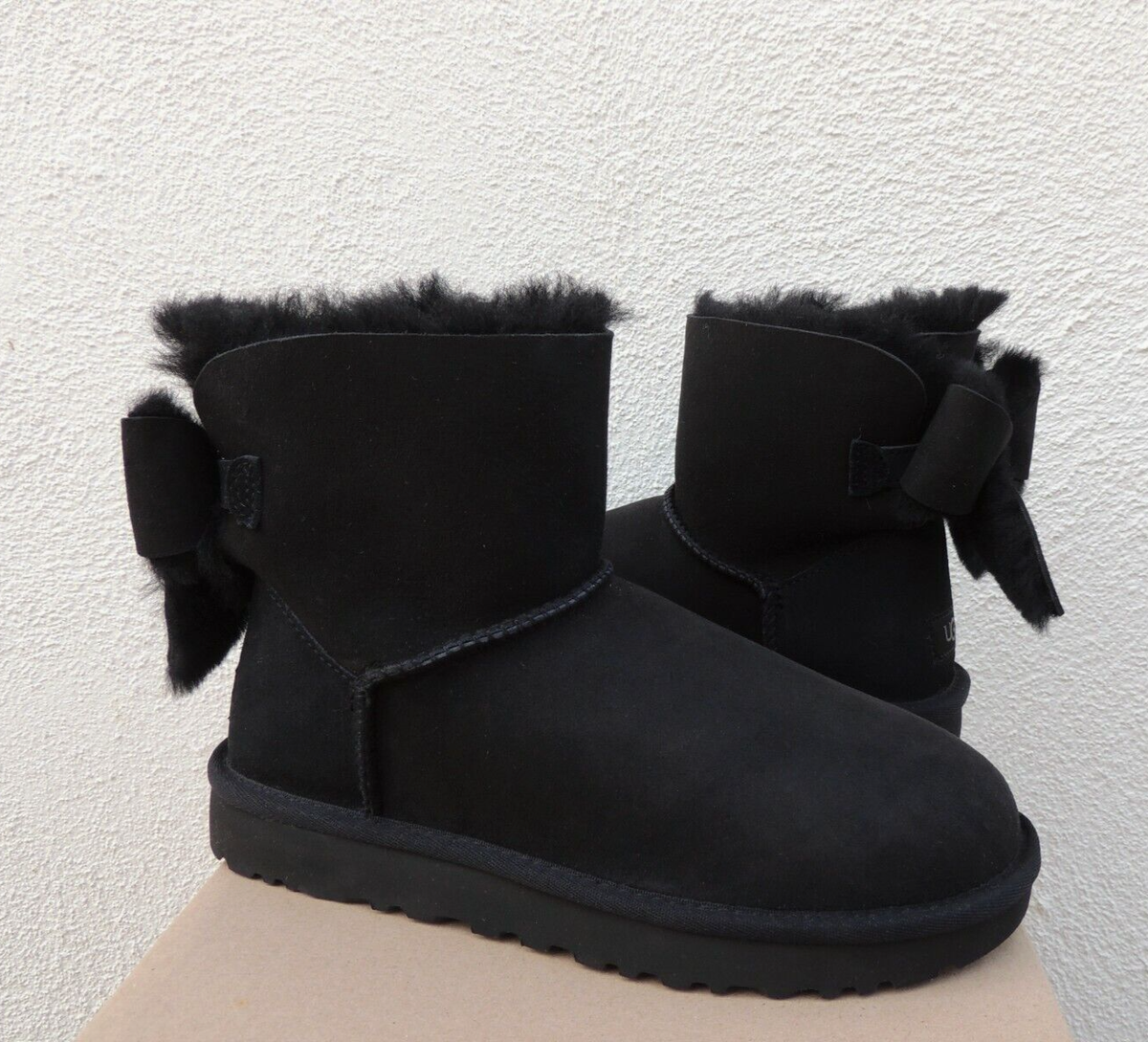 UGG BLACK CLASSIC HERITAGE FLUFF BOW SUEDE SHEEPSKIN BOOTS, US 6/ EUR 37  ~NEW
