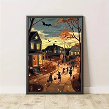 Spooky Haunted House & Trick-or-Treat Scene Halloween Poster