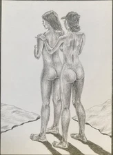 Nude Women Pencil Drawing Original 5x7 Lesbian Theme Naked