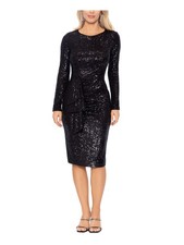 XSCAPE Womens Black Vented Drape Lin Long Sleeve Knee Length Sheath Dress 4