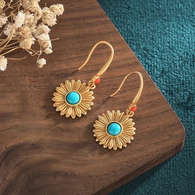 Turquoise & Coral Drop Dangle Earrings Sunflower Hook 14k Yellow Gold Plated
