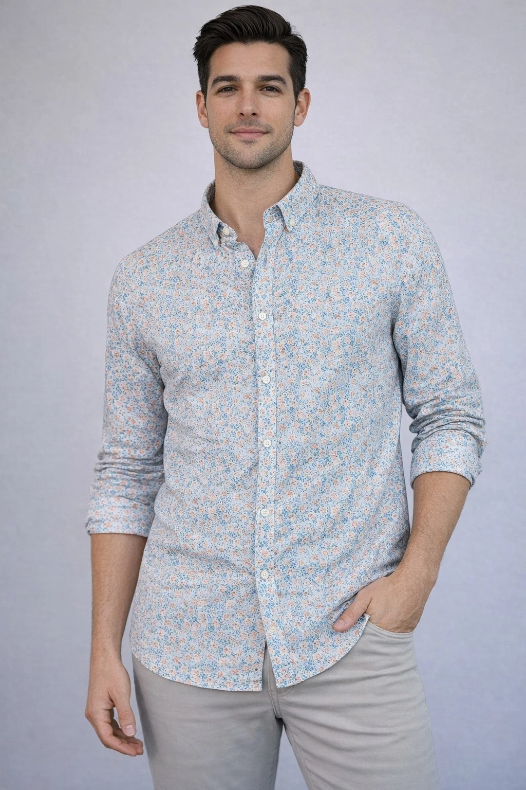 GAP Men’s Floral Button Down Shirt Blue Orange Print Long Sleeve Casual Size XL