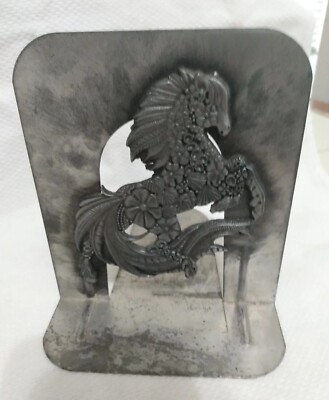 Metzke Bookend Sculpted Fancy Intricate Horse Pewter HEAVY Vintage