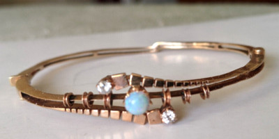 Victorian 14K Rose Gold Opal & Mine Cut Diamonds Hinged Bangle. Unusual Design