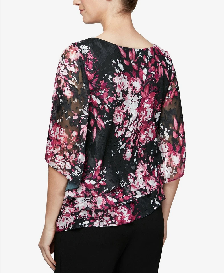 New Women's Ladie's Alex Evenings Floral-Print Tiered Top Black/Pink L - Image 2 of 2