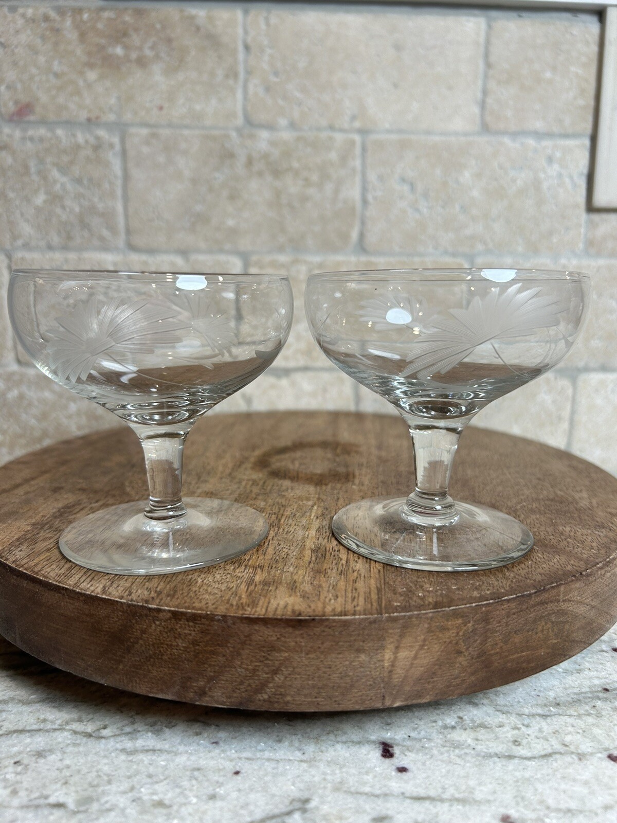 Vintage Floral Etched Coupe Glass Set of 2 Elegant Barware