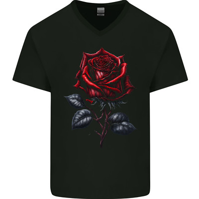 Gothic Rose Goth Herren V-Ausschnitt Baumwolle Maglietta 64V00 Schwarz Kurzarm